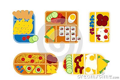 School lunch boxes set, isolated vector illustration. Snacks in plastic colorful containers with italian, asian Vector Illustration