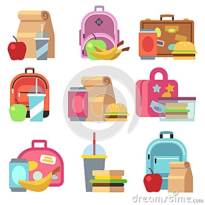 School lunch food boxes and kids bags vector flat icons Vector Illustration