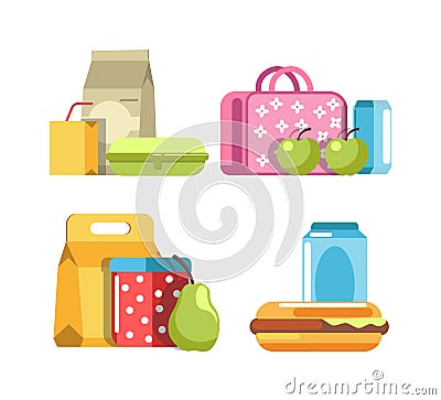 School lunch and meal boxes, breakfast food containers Vector Illustration