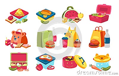 School lunchboxes. Cute plastic kid lunch box with homemade food, childish containers with snacks healthy children Vector Illustration