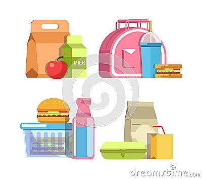 School lunches in special containers and inside pink bag Vector Illustration