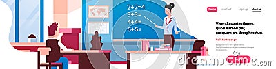 School math lesson female teacher pupil boy classroom successful study concept horizontal banner flat copy space Vector Illustration