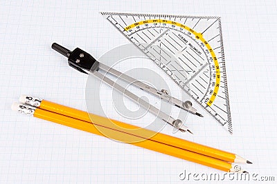 School mathematics tools on squared paper Stock Photo