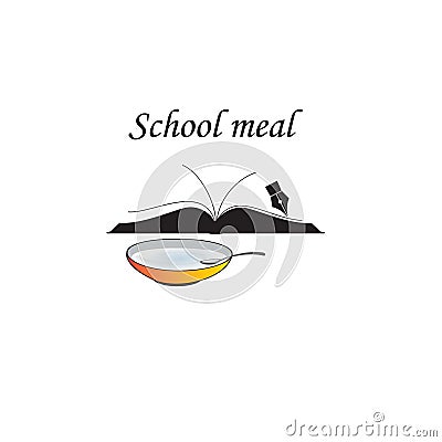 Open book with a bowl of soup and a spoon, school meal concept Vector Illustration
