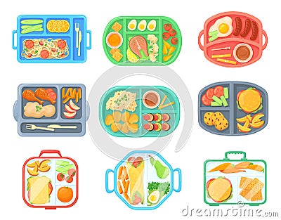 School meal trays. Lunch tray with food cafeteria menu, kid eat breakfast or dinner on convenience lunchbox top view Vector Illustration