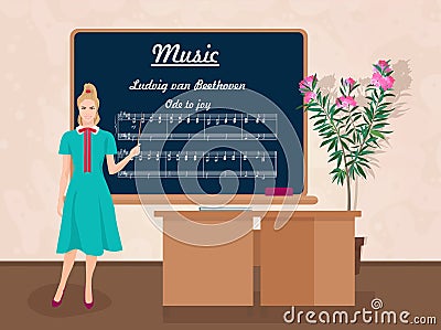 School Music female teacher in audience class concept. Vector illustration. Vector Illustration