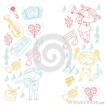 Vector school of music Musical theatre Kindergarten children with music instruments Drum, flute, accordion, trumpet Vector Illustration