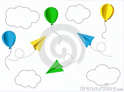 School notebook background. Colorful paper balloons and planes banner. Vector Cartoon Illustration