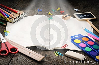 School notebook with magic light Stock Photo