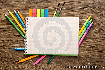 School notebook and stationery. Back to school creative, abstract, concept background Stock Photo
