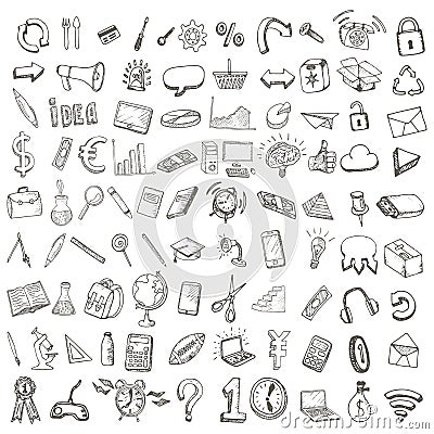 School and office hand drawn set of icons. Vector Illustration