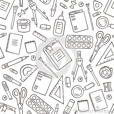 School and office stationery. Seamless pattern in doodle and cartoon style. Outline Vector Illustration