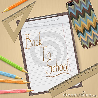 School and office supplies and empty clipboard isolated on light brown background. Stock Photo