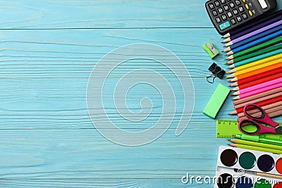 School and office supplies. school background. colored pencils, pen, pains, paper for school and student education Stock Photo