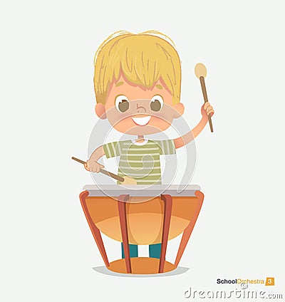 School Orchestra Smile Boy Play Beats Drum Sticks Vector Illustration