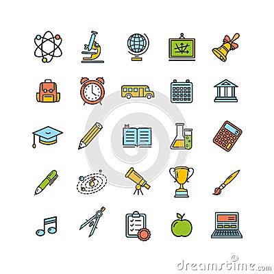 School Outline Color Icon Set. Vector Vector Illustration