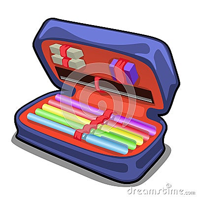 School pencil case with stationery set isolated on white background. Vector cartoon close-up illustration. Vector Illustration