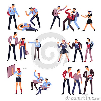 School people behaving badly with other students set Vector Illustration