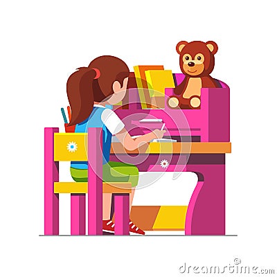 School girl studying sitting at pink child desk Vector Illustration