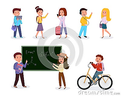 School pupils and teachers illustrations set. Schoolkids, students with backpacks, schoolboys listening music, riding Vector Illustration