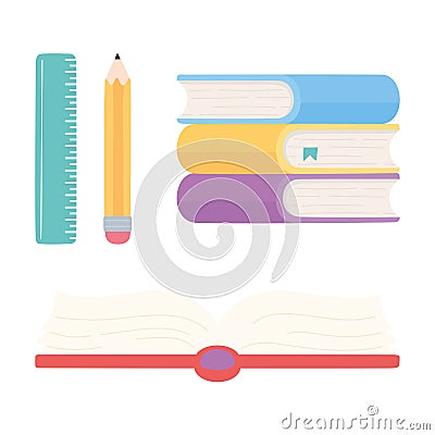 School ruler pencil open textbook and books icons supplies Vector Illustration