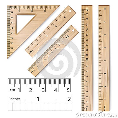 School Rulers Vector. Realistic Classic Wooden Metric Imperial Ruler. Vector Illustration