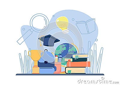 school's road to success.stack of book trophy Bag School earth globe. education and learning icon. Vector Illustration