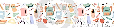 School seamless border with cartoon school supplies, stationary. Back to scholl concept design Vector Illustration