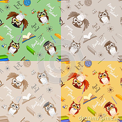 School seamless pattern with funny owls Vector Illustration