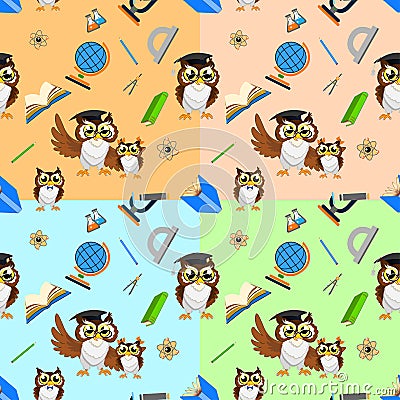 School seamless pattern with funny owls Vector Illustration