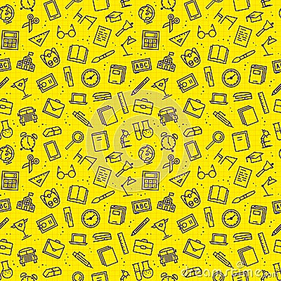 School seamless pattern with line icons on yellow background Vector Illustration