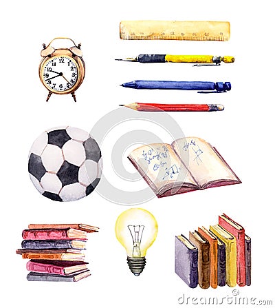 School set - books, football ball, alarm clocks, light bulb, open notepad, pen, pencils. Watercolor collection of Cartoon Illustration