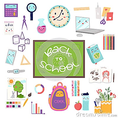 School set with elements of stationery, book, backpack, school items. flat design style vector illustration. Vector Illustration