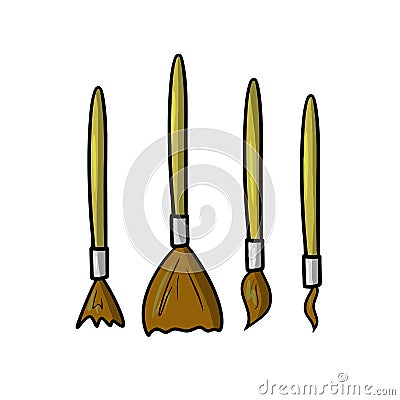 School set of various brushes for drawing with a wooden handle, vector in cartoon Vector Illustration