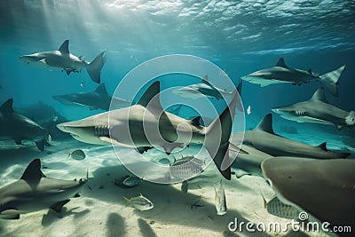 school of sharks and rays swim in tranquil underwater setting Stock Photo