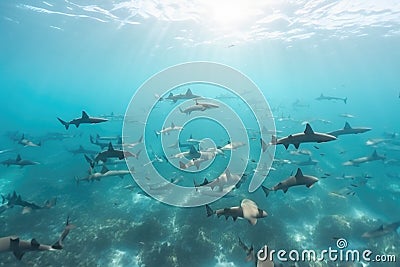 school of sharks and rays swimming in the open ocean Stock Photo