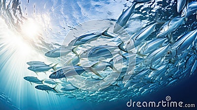 School of silver fish swimming in unison in the ocean Stock Photo