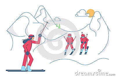 School Skiers on winter Mountain Landscape Vector Illustration