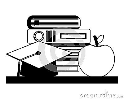 school stack books graduation hat and apple Cartoon Illustration