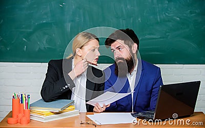 School staff. School collective and relations between colleagues. Professional differences. Teacher and supervisor Stock Photo