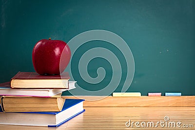 School Still Life with Copyspace on Chalkboard Stock Photo