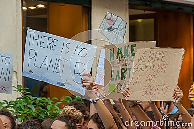 Fridays for future: students hands showing banners and boards Editorial Stock Photo