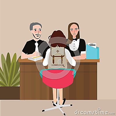 School student conversation with principal teacher interview Vector Illustration