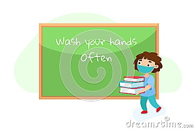 School Student in Medical Mask Carry Books at Blackboard. Kid Character Visit College or Preschool at Covid19 Pandemic Vector Illustration