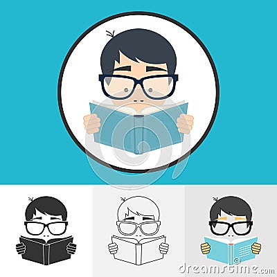 School student reading book icons set Vector Illustration