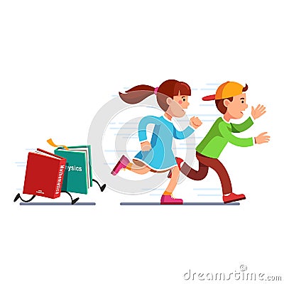 School students girl and boy running from books Vector Illustration