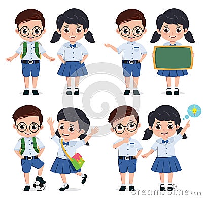 School students vector characters set. Back to school classmates elementary student characters. Vector Illustration