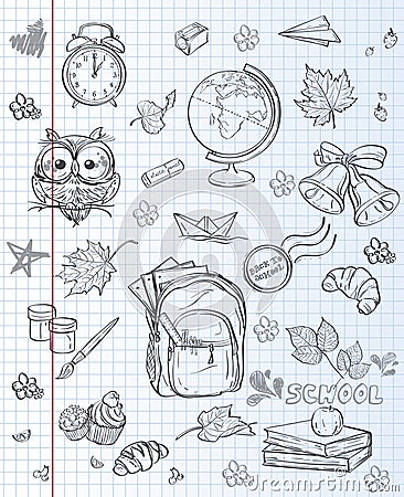 School subjects backpack, paints, Globe and autumn leaves. black contour Vector Illustration