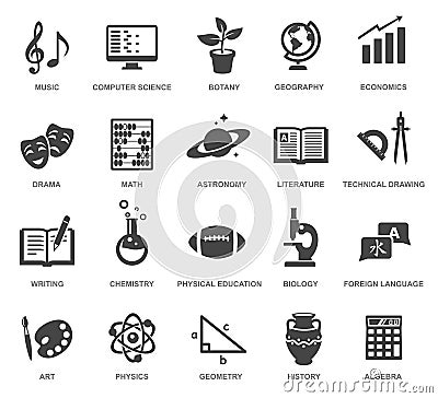 School subjects black glyph icons vector set Vector Illustration