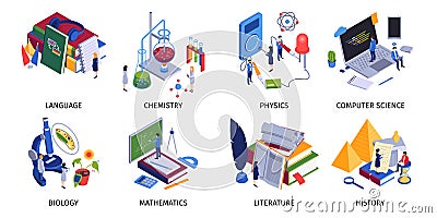 School Subjects Isometric Set Vector Illustration